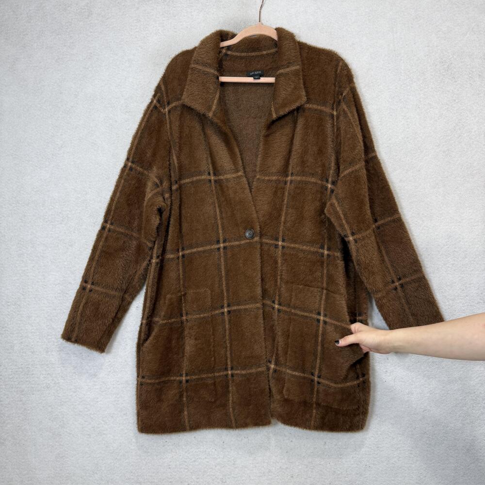 J Jill Cardigan Sweater Womens 2X Brown Check Collared Button Knit Pockets - Picture 5 of 9